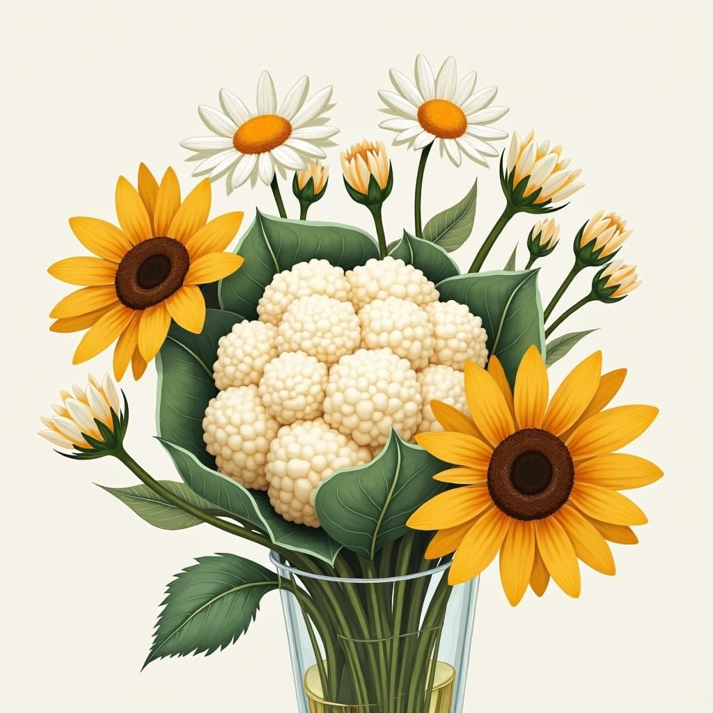 Impressionistic Bouquet of Cauliflower, Sunflowers, and Dais...