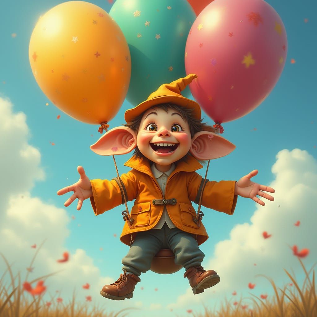 Cheerful Goblin Spreading Joy in Colorful Balloon