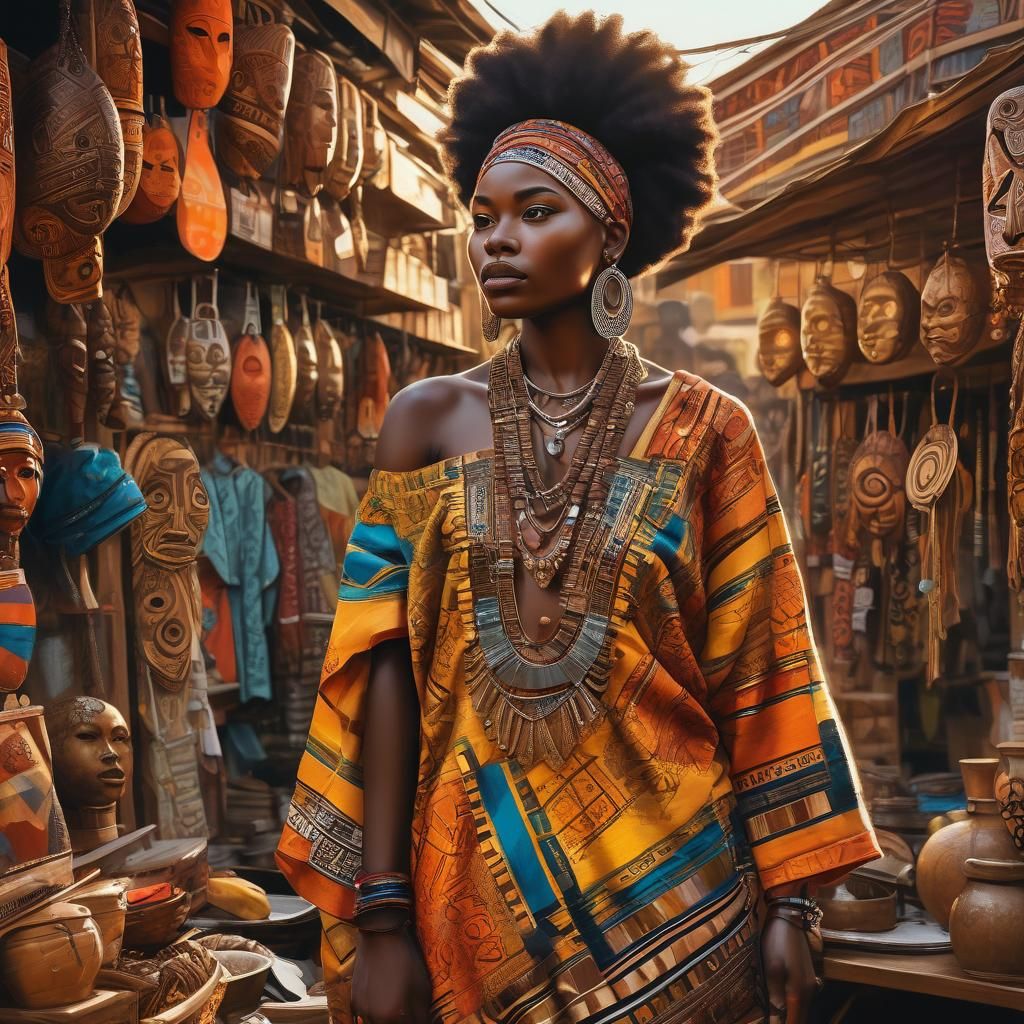 Vibrant Nigerian Woman in Afro-Futurist Market