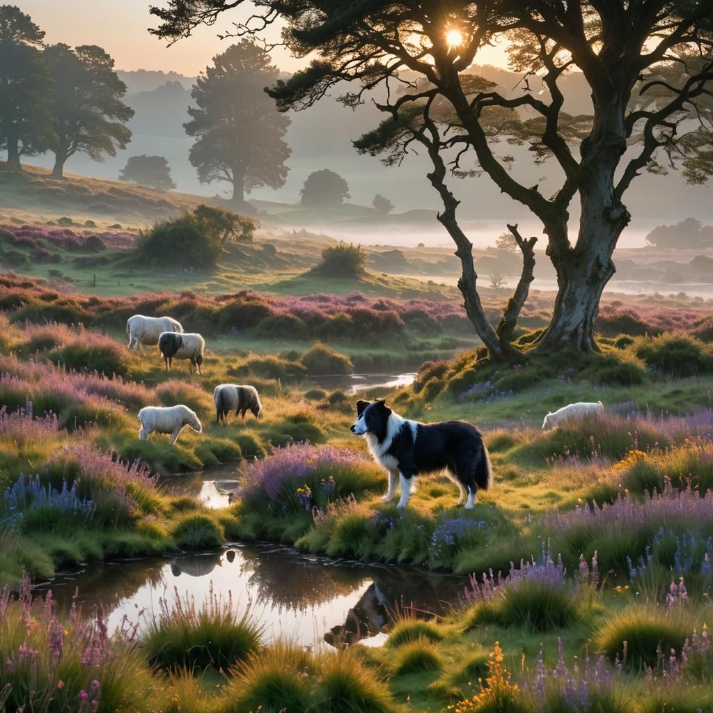 Medieval Heathland Dawn, Vibrant Wildflowers, Border Collie....
