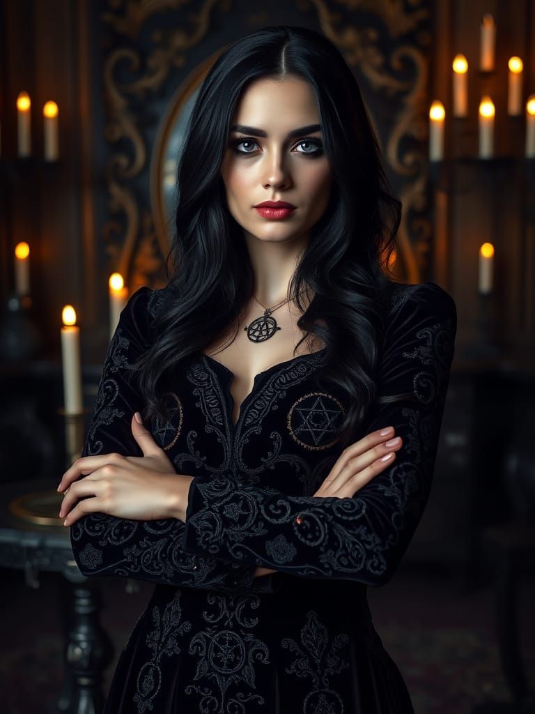 "Cinematic portrait of Alina Dreymore, a mysterious woman in her early thirties, with long raven-black hair, piercing bl...