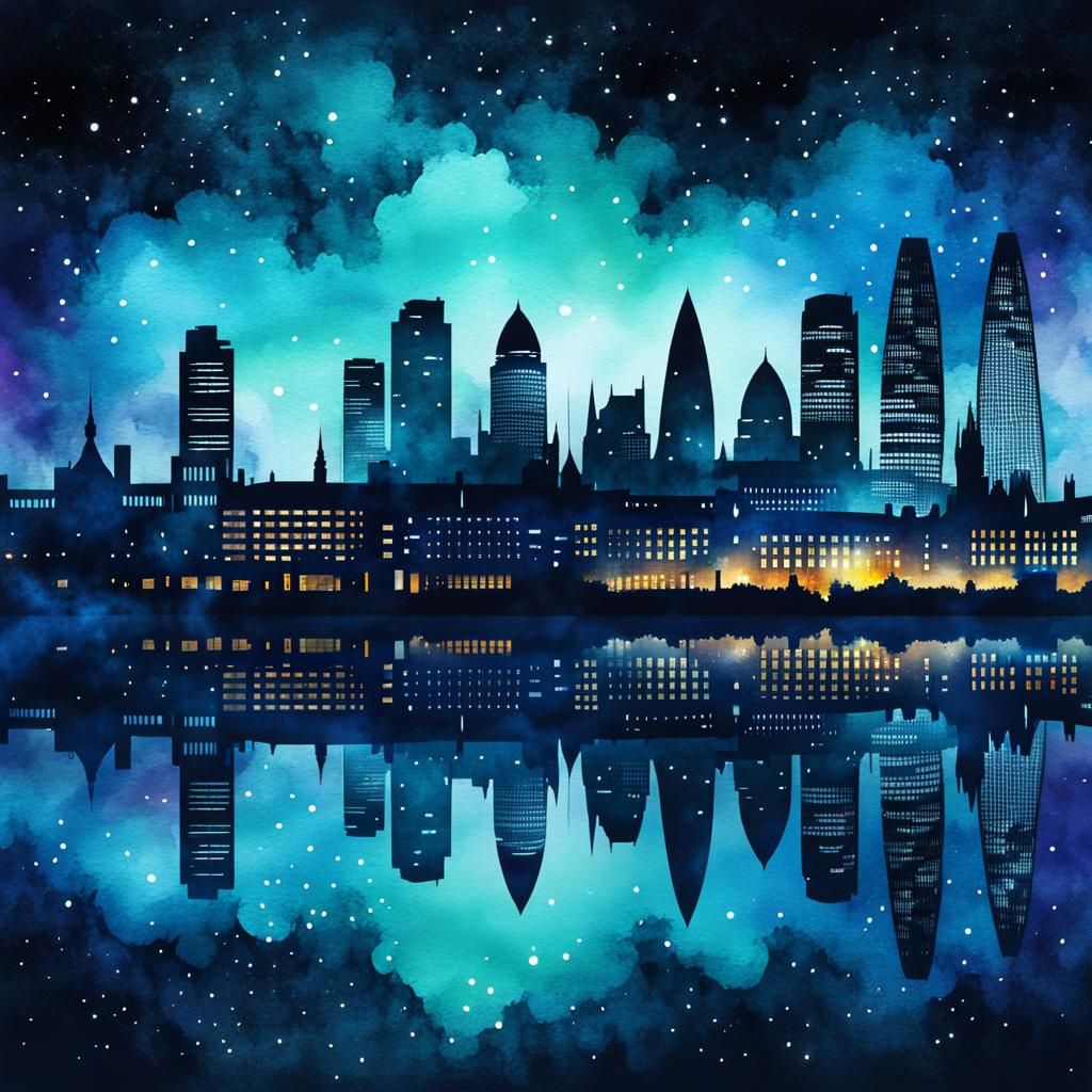 London Cityscape by Night, in Digital Watercolor