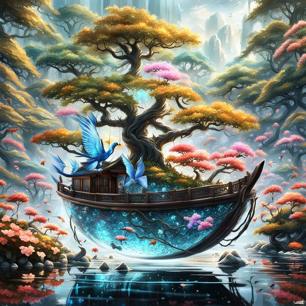 A Dragonfly Enclosed in a Delicate Crystal Vessel in a Japan...