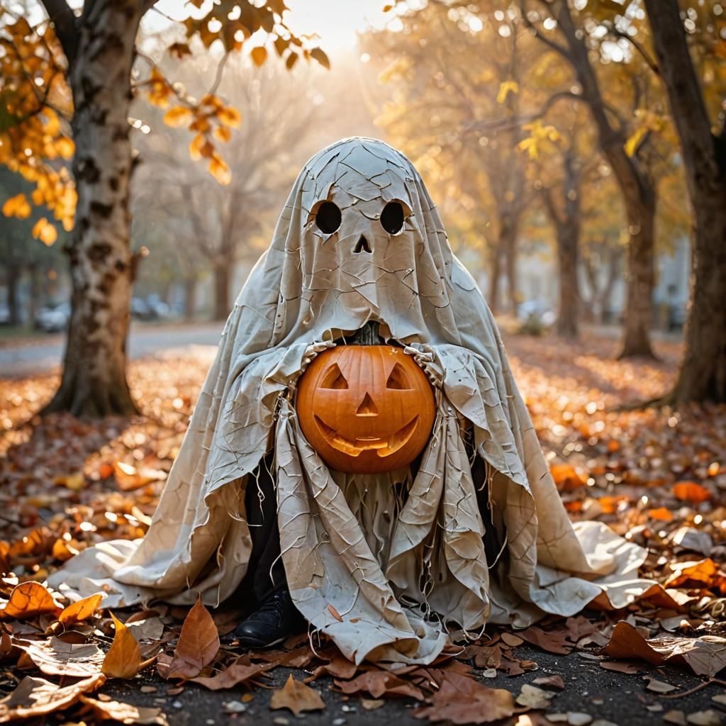 Whimsical Autumn Spirit Hovers Above Jack-o'-lantern in Hazy...