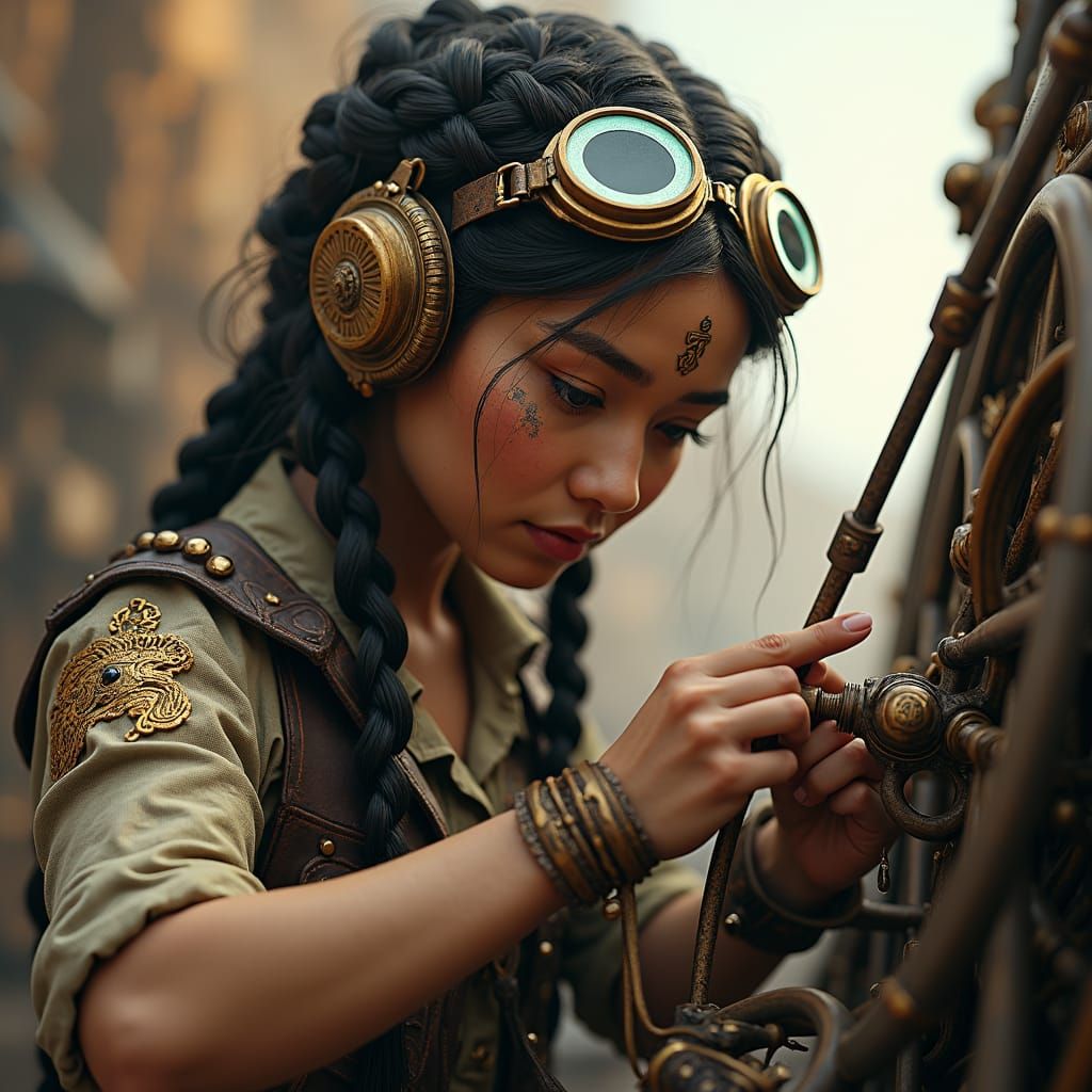 Steampunk Inventress in Industrial Futurism Style