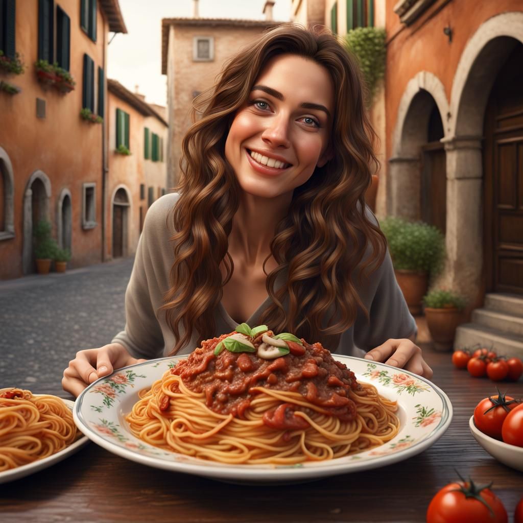 Warm Portrait of a Happy Woman Savoring a Hearty Italian Mea...