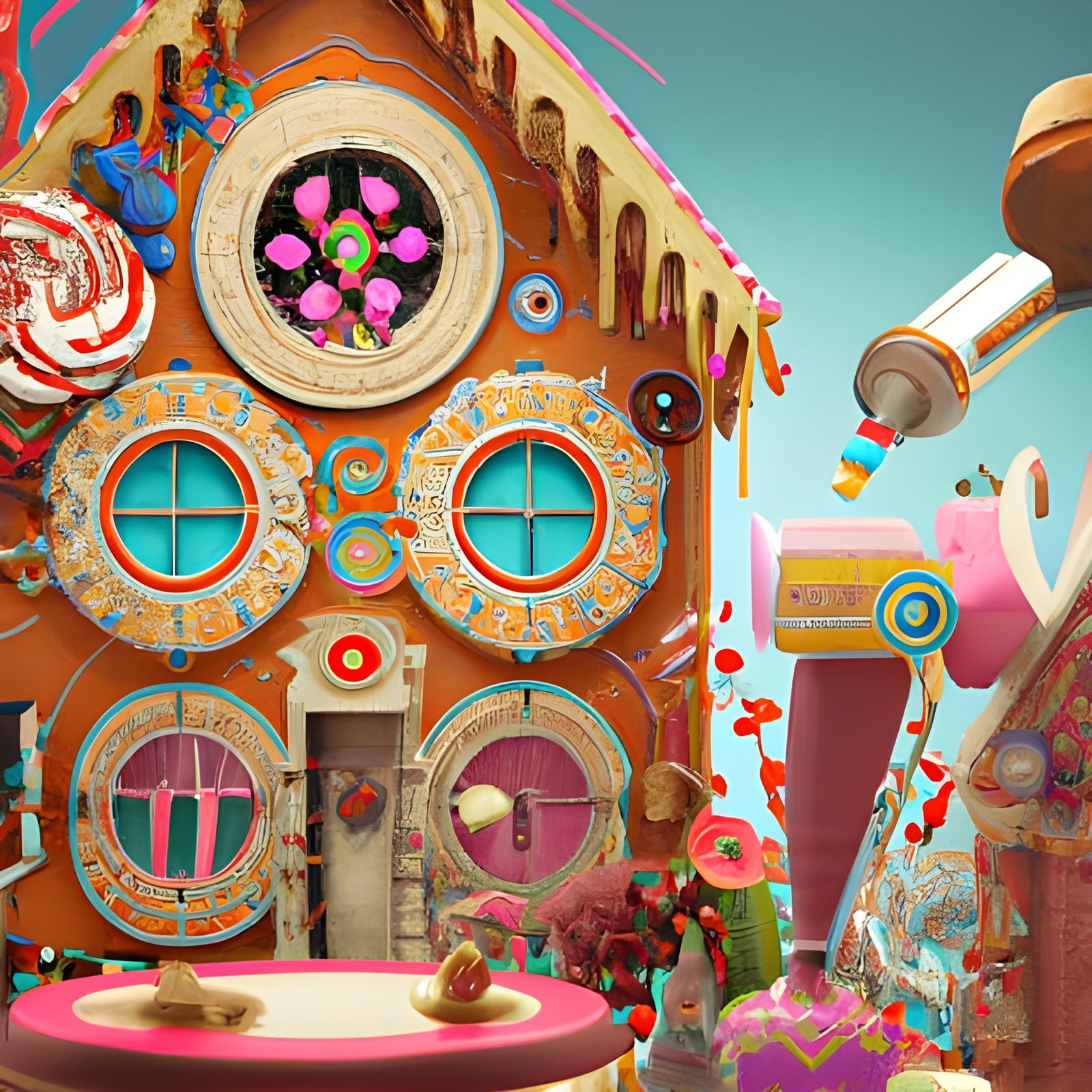 Surreal Gingerbread House in Willy Wonka's Whimsical World