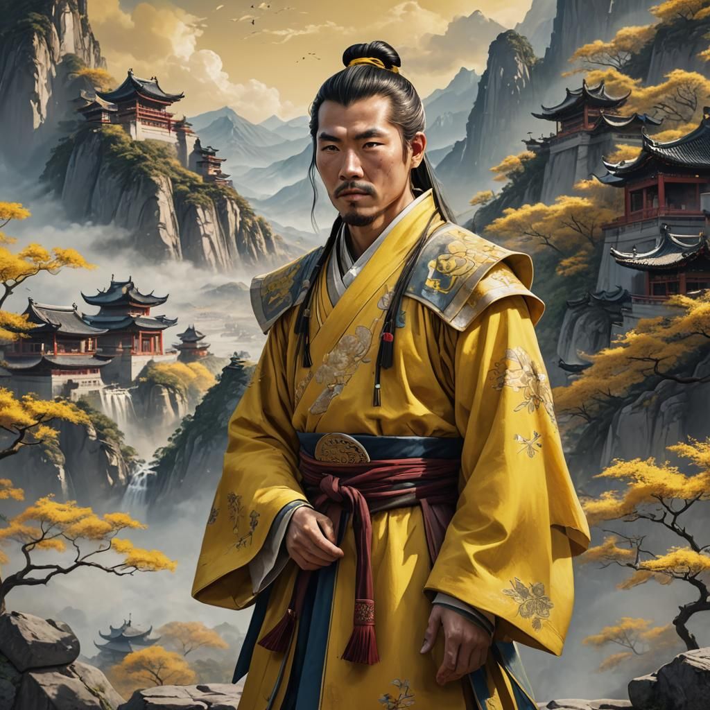 Ancient Chinese Ruler in Yellow Hanfu, Standing Against Vibr...