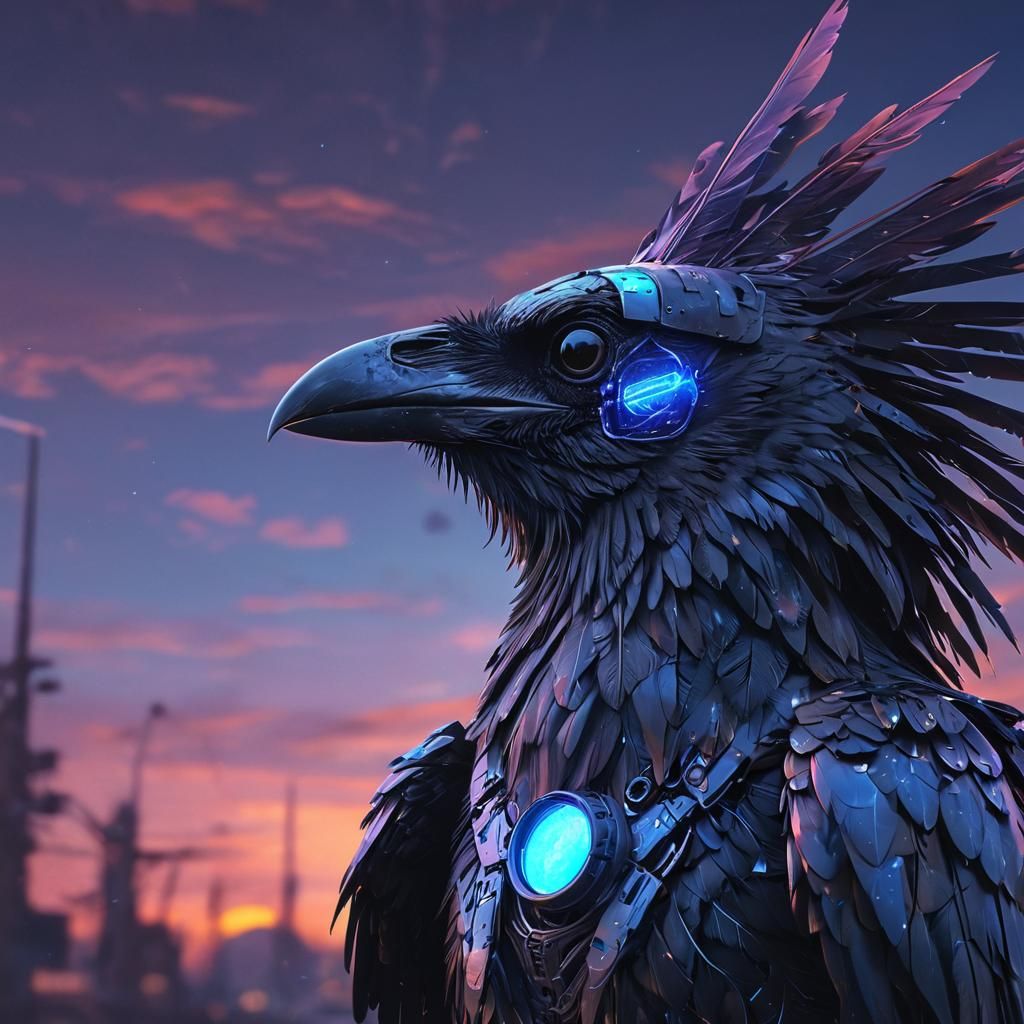 Cybernetic Crow Amidst a Cosmic Sunset