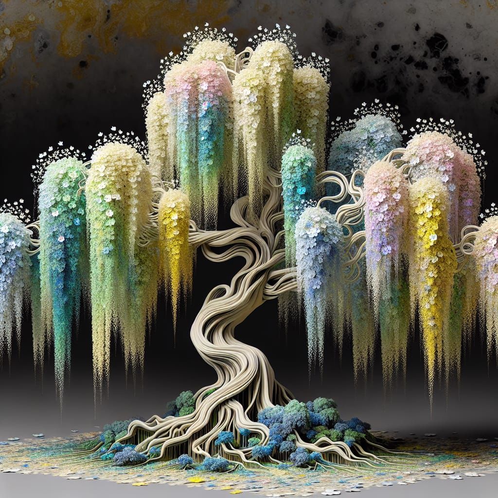 Whimsical Four-Dimensional Willow Tree in Pastel Hues