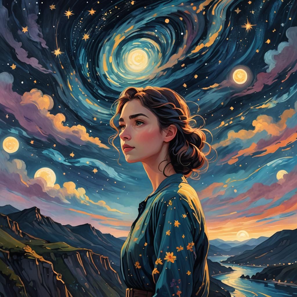 Dreamy Portrait of a Girl Under a Starry, Swirling Night Sky