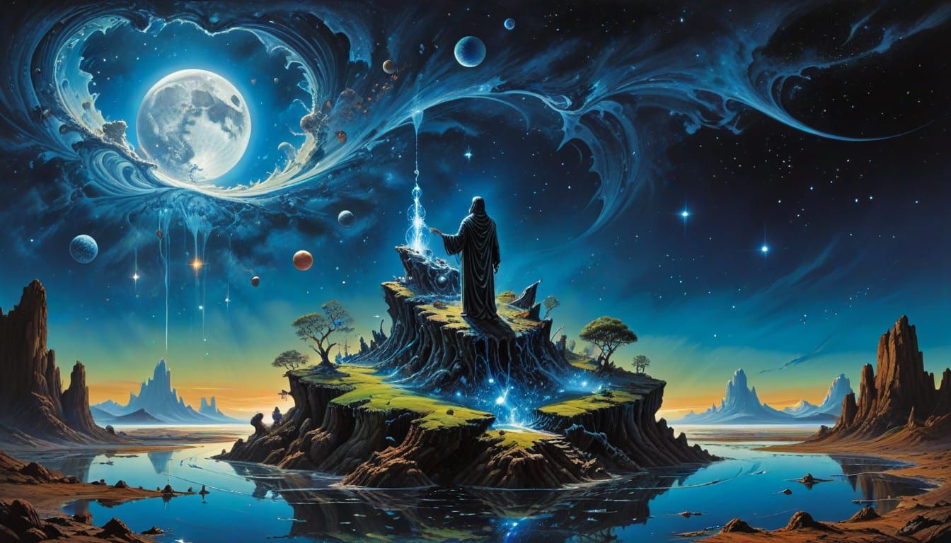 Cosmic Farmstand on Floating Island: Surreal Art