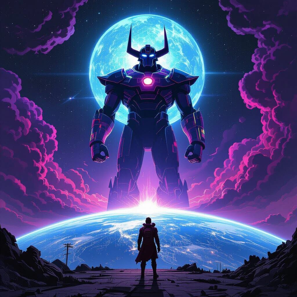 Colossal Galactus Looms Over Earth in Cosmic Futurism