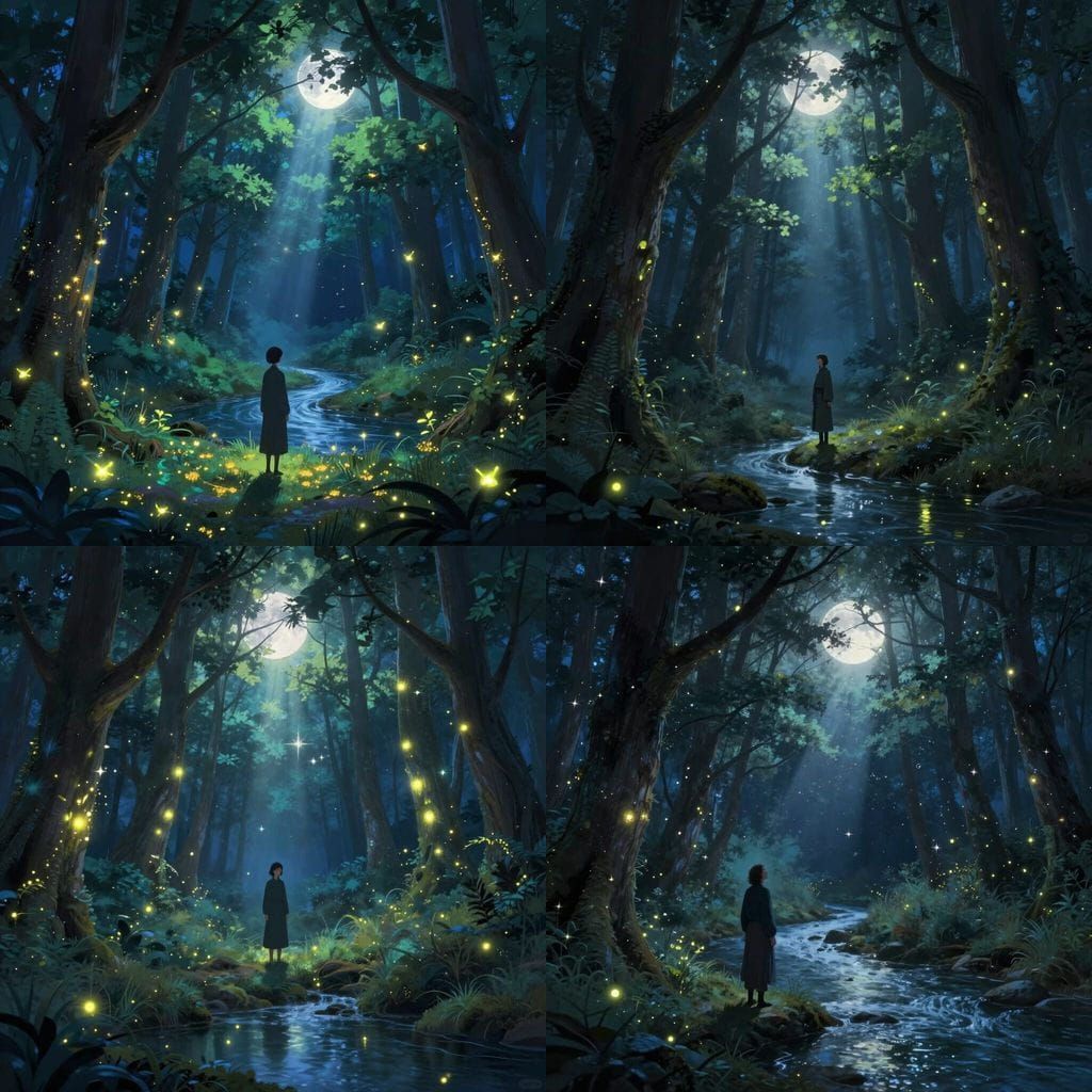 Magical Forest at Night with Glowing Trees and Fireflies
