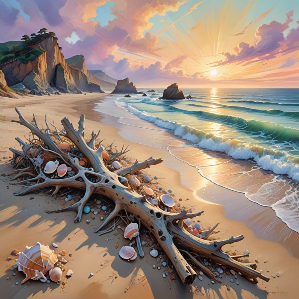 Coastal Sunrise: Expressionist Watercolor Fractal Symphony