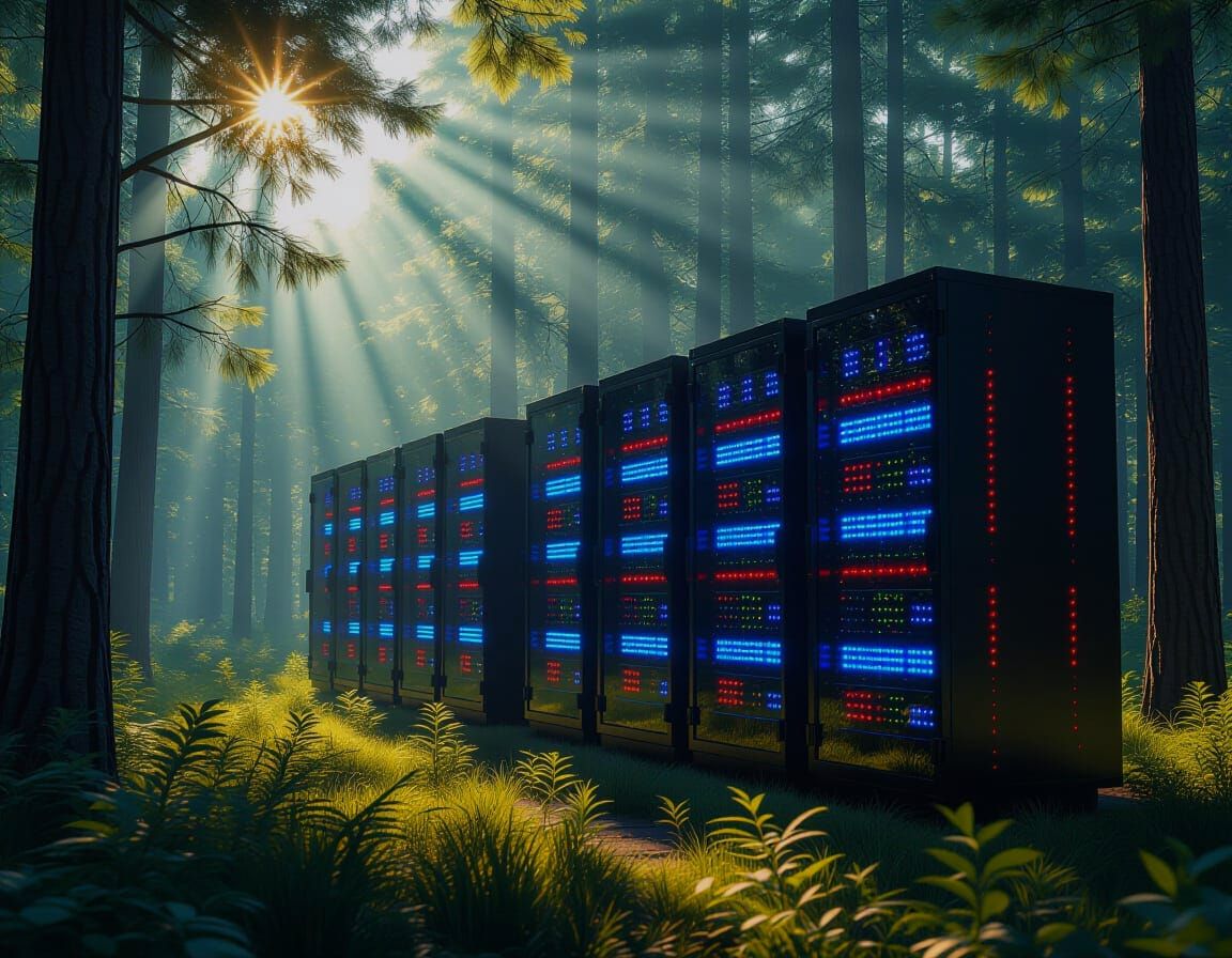 Futuristic Server Racks in Forest Clearing with Sunbeams