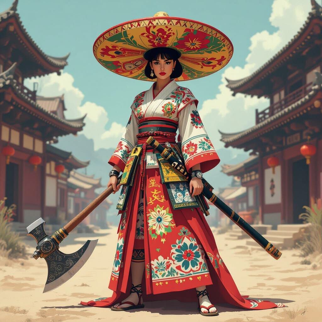 Samurai Audrey Hepburn with Sombrero, Syd Mead Style
