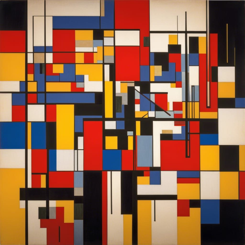 Art by Piet Mondrian, a lively jazz club, geometric abstraction of musicians, patrons, intersecting lines, primary color...