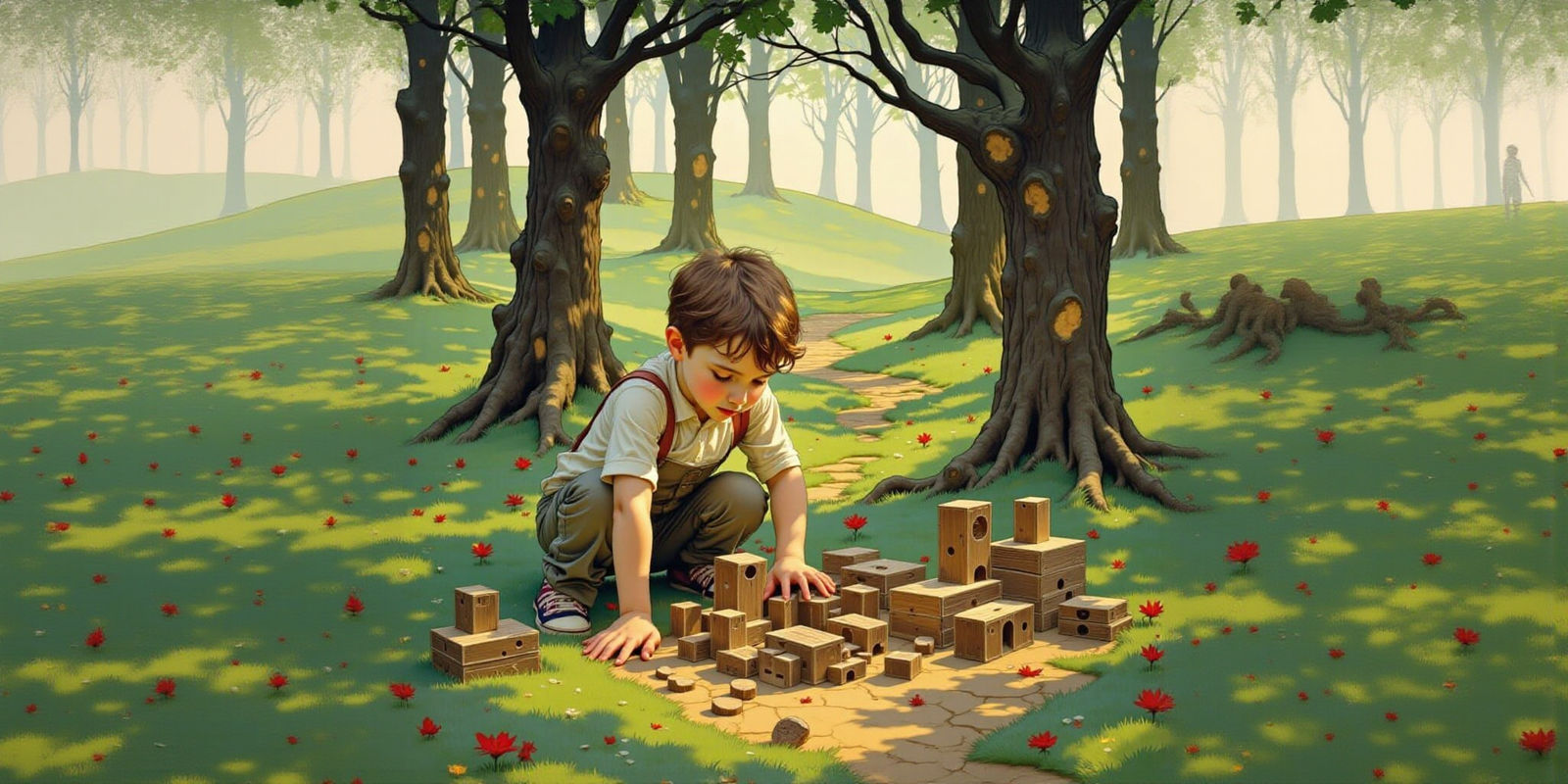 Boy Playing with Blocks in Whimsical Forest