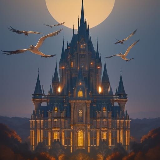 Majestic Castle and Birds at Sunset in Surreal Digital Art S...