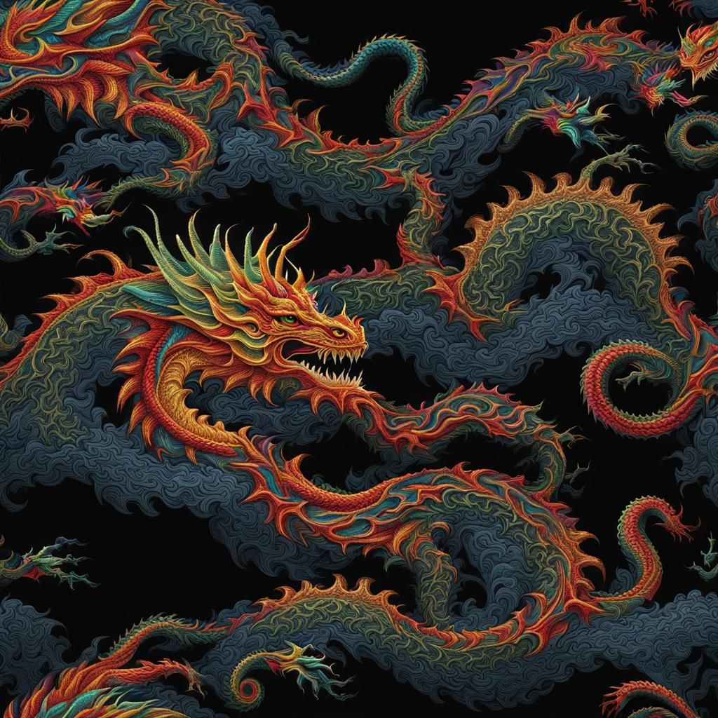 Vibrant Embroidered Dragon on a Dark Background