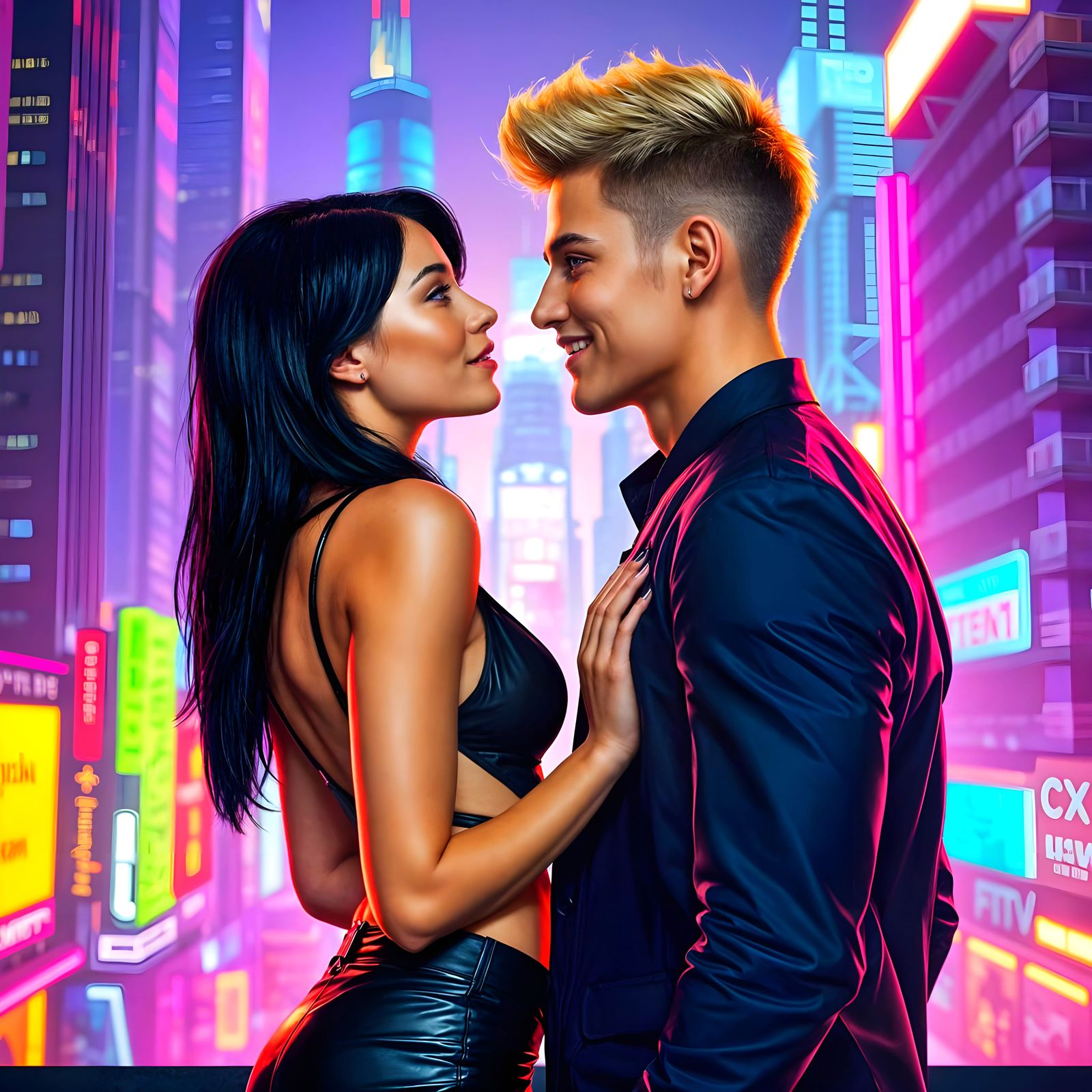 Futuristic Couple in Neon Cityscape