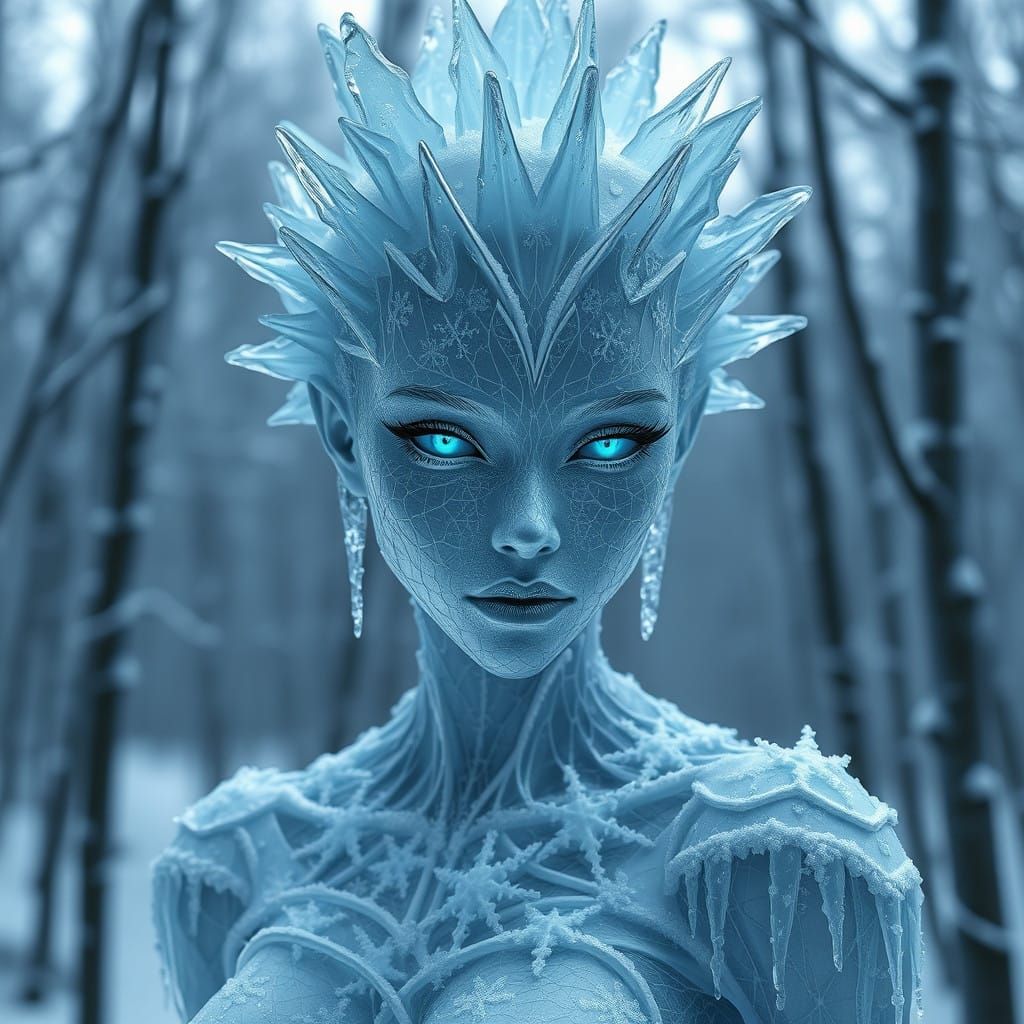 Photorealistic Ice Queen in Frozen Forest