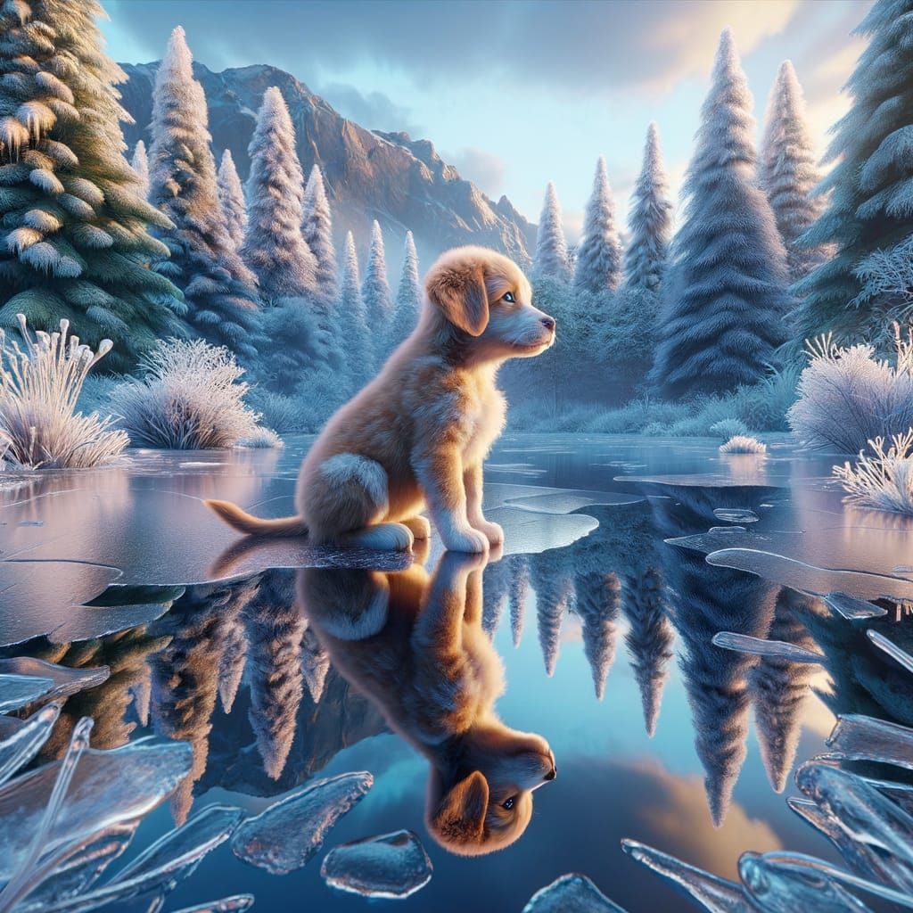 Winter Wonderland Puppy Contemplates its Reflection
