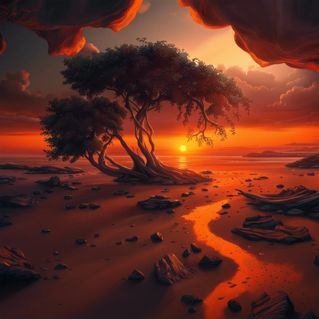 Breathtaking Sunset on a Futuristic Utopian Beach in Hyperde...