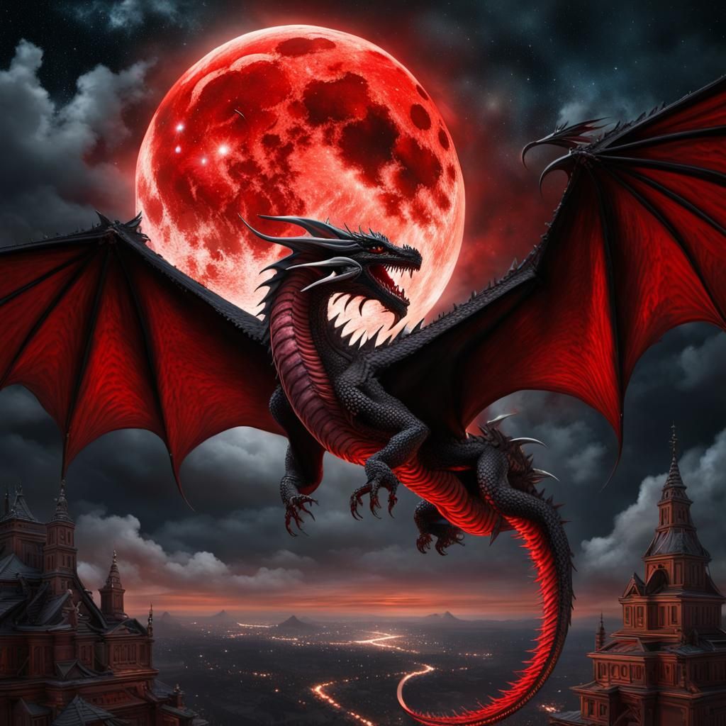 Majestic Dragon Soars Under Dark Blood Moon Night Sky