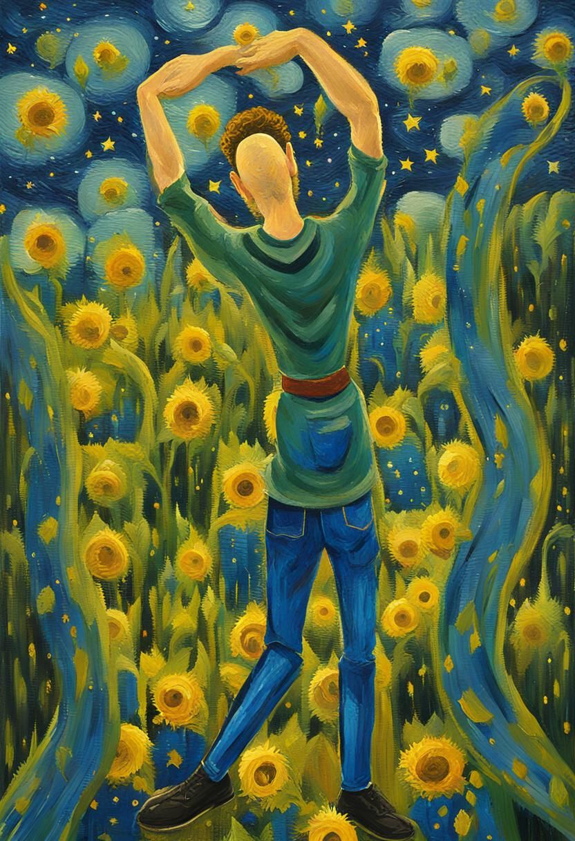 Vibrant Sunflower Landscape with Starry Night Sky in Impasto...