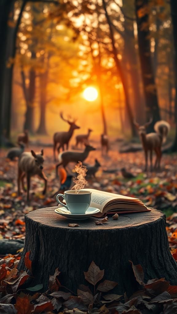 Golden Autumn Forest Scene with Wildlife and Cozy Details