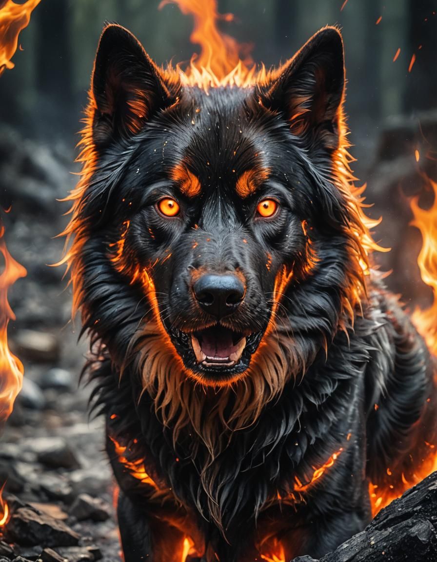 Fiery Guardian Canine with Blazing Eyes and Fiery Aura