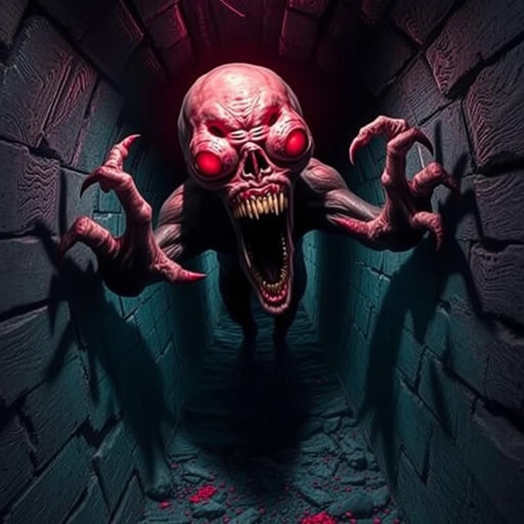 Evil Nightmarish Dream claustrophobic tunnel, fanged imp, su...