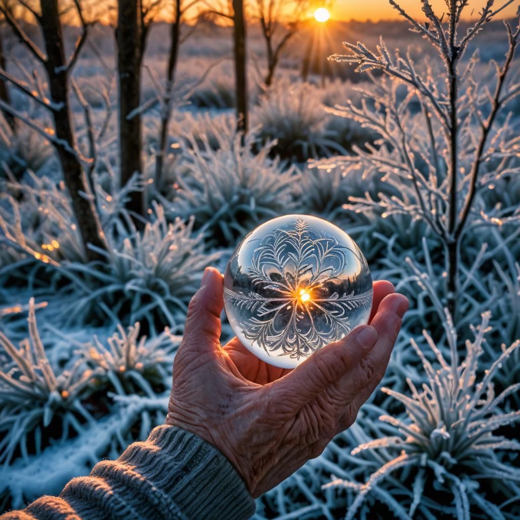 Frost Orb Sunrise: Macro HDR Photography