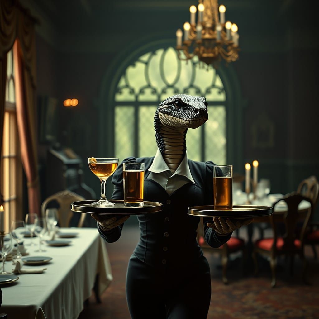 Anthropomorphic Snake Waitress in Old Manor House
