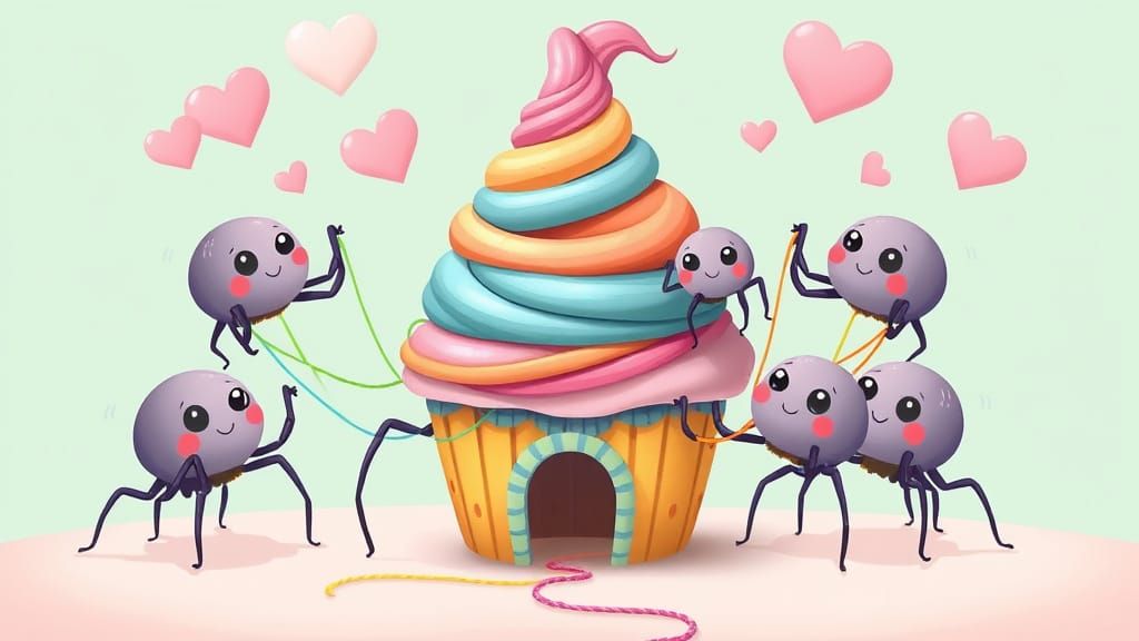 Kawaii Spiders Build Cupcake Castle Tower with Rainbow Silk