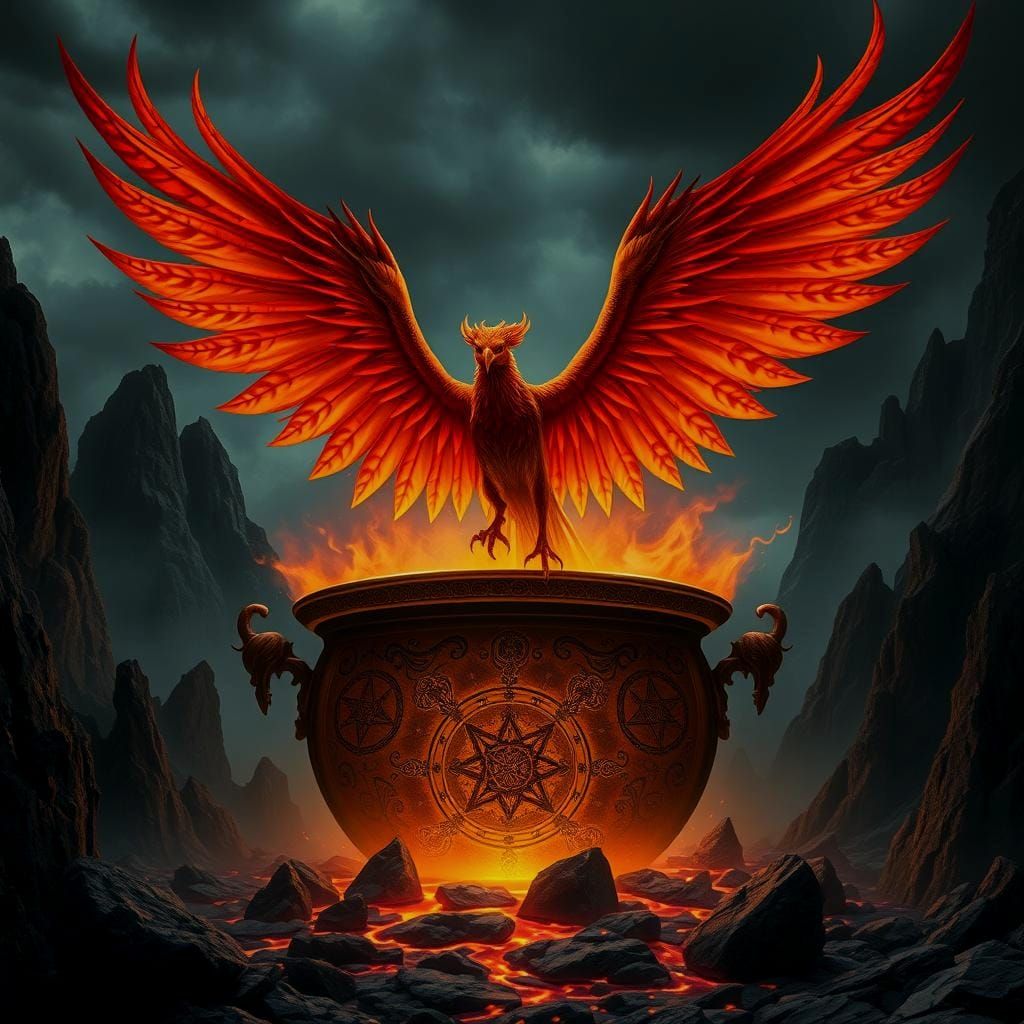 Gothic Phoenix Rises from Fiery Cauldron in Dark Fantasy Sce...