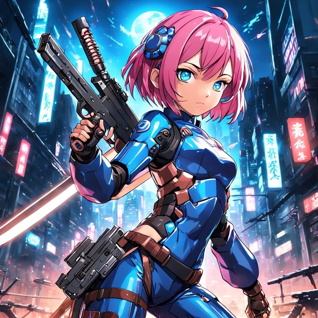 Cyborg Kunoichi in Anime-Style Armor with Katana and Sub-Mac...