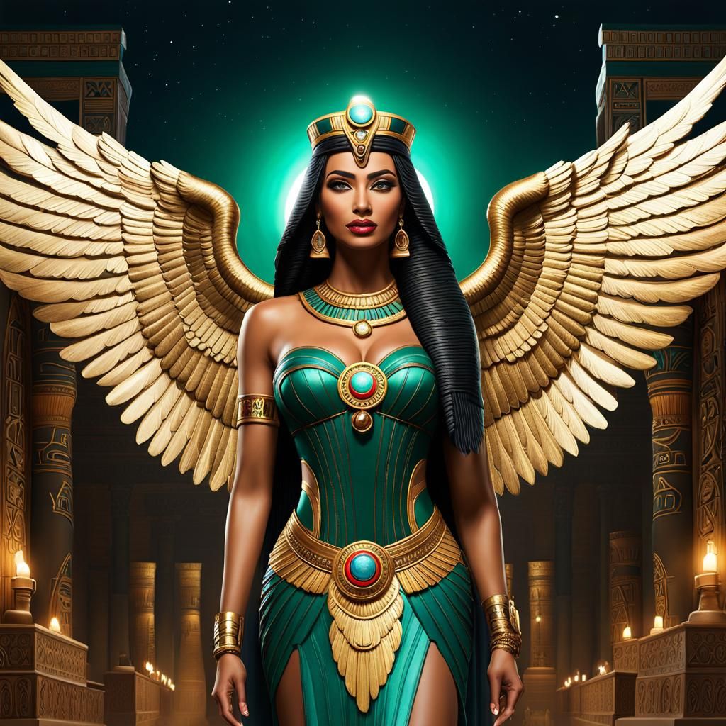 Egyptian Goddess Isis with Angel Wings in a Moonlit Pyramid...