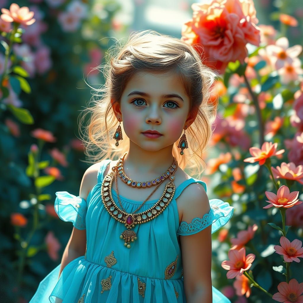 Girl in Turquoise Dress in Impressionistic Garden
