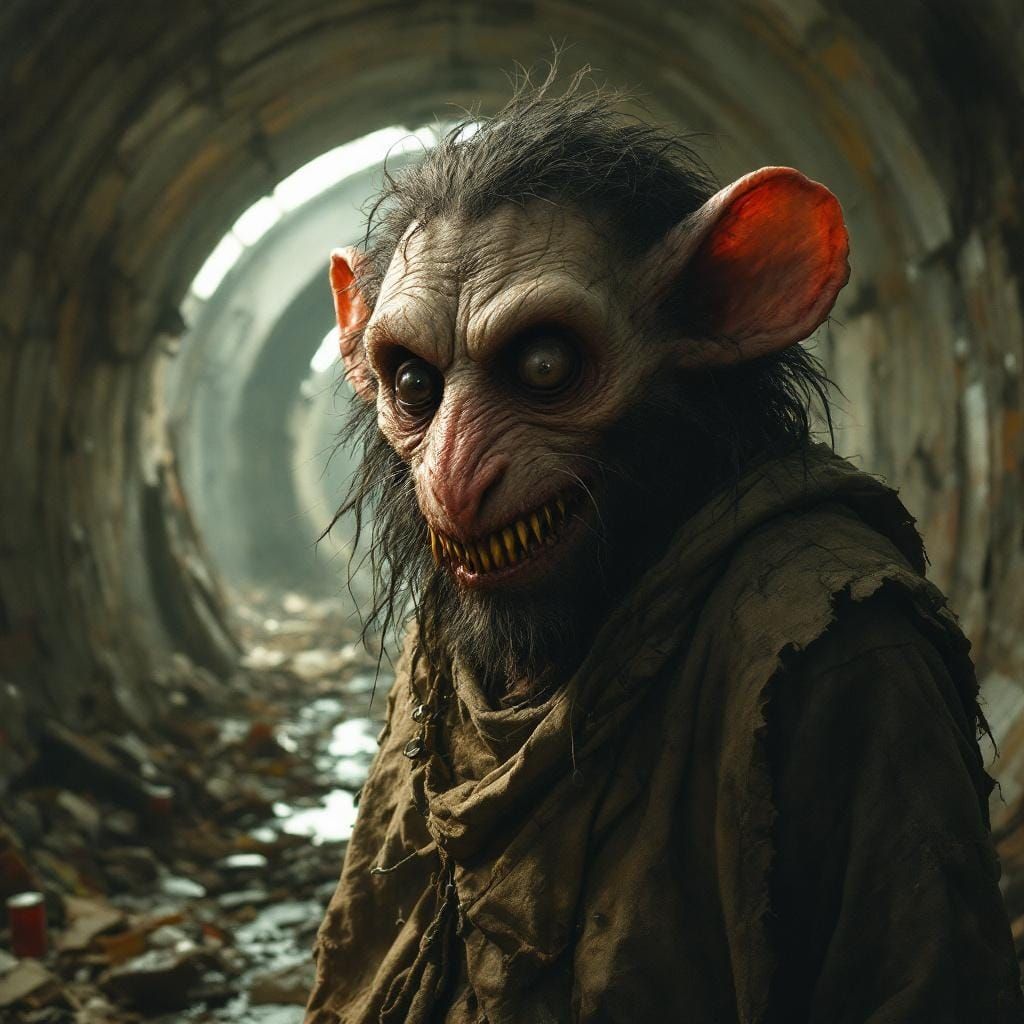 Post-Apocalyptic Rat-Man in Subway Tunnel