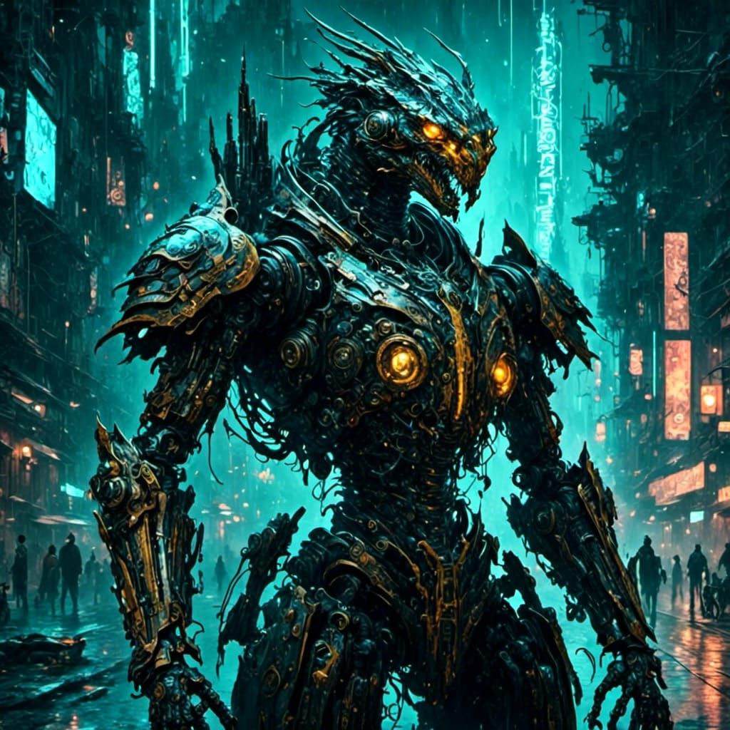 Science-Fantasy Basilisk Knight in Futuristic Armor