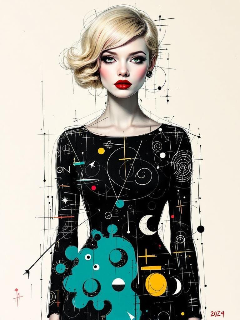 Pin-Up Woman in Mr. Doodle and Basquiat Fusion Style