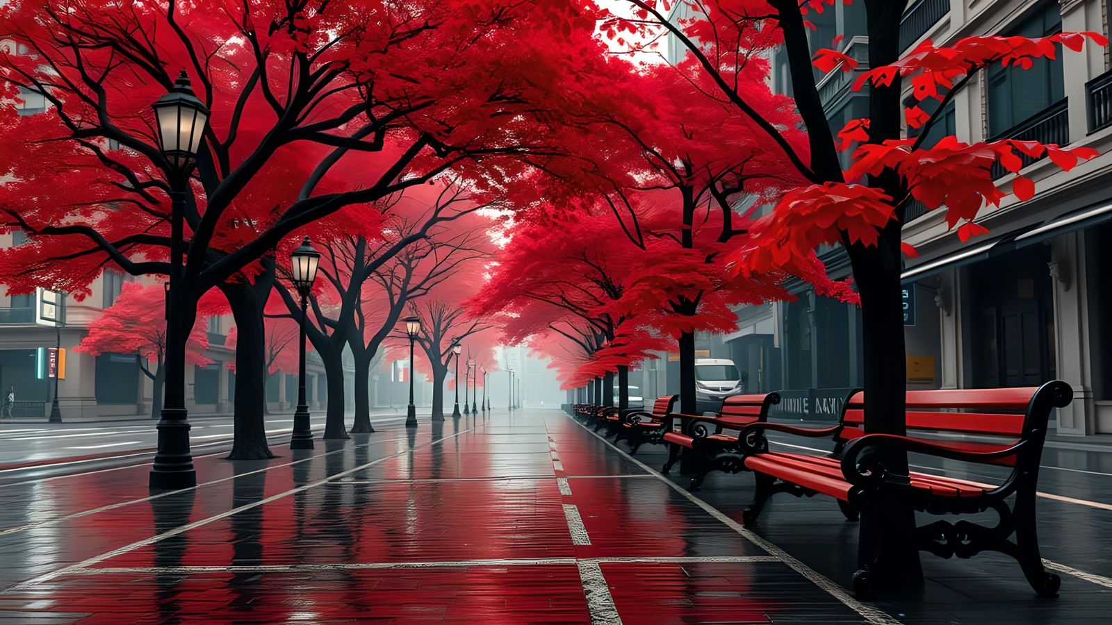 Tranquil City Street with Vibrant Red Canopy