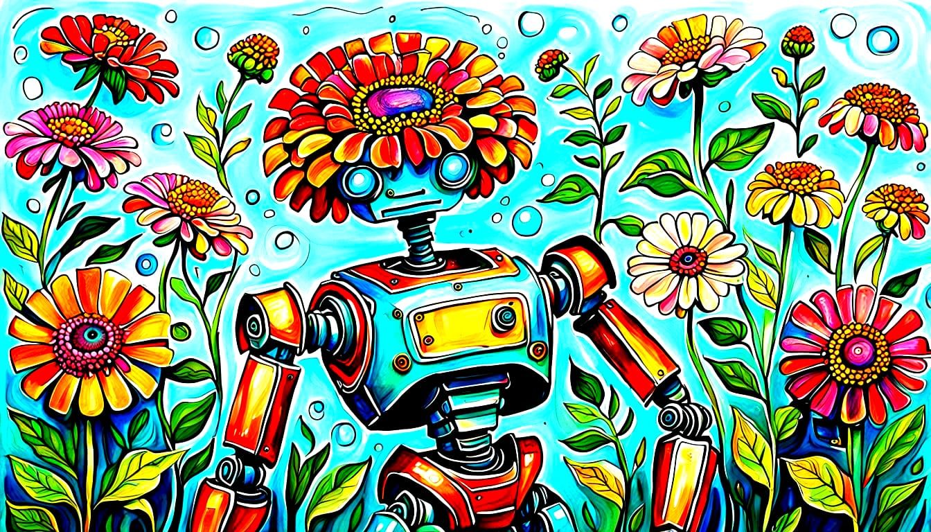 Rusty Robot in Vibrant Zentangle Garden