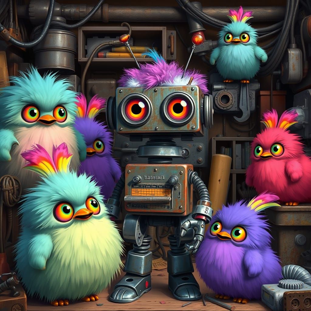 Pastel Rainbow Creatures and Toolbox Robot in Workshop