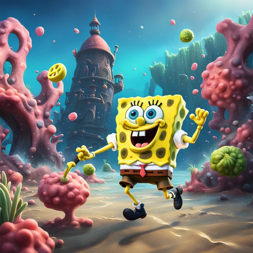 Spongebob Battles Patrick in Vibrant Fantasy Realm