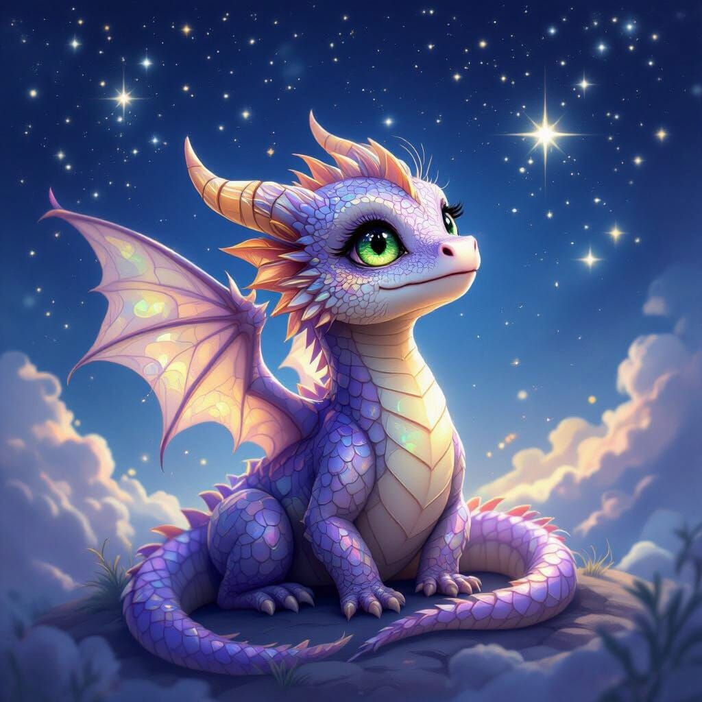 Cute Baby Dragon Under Starry Night Sky in Fantasy Art Style