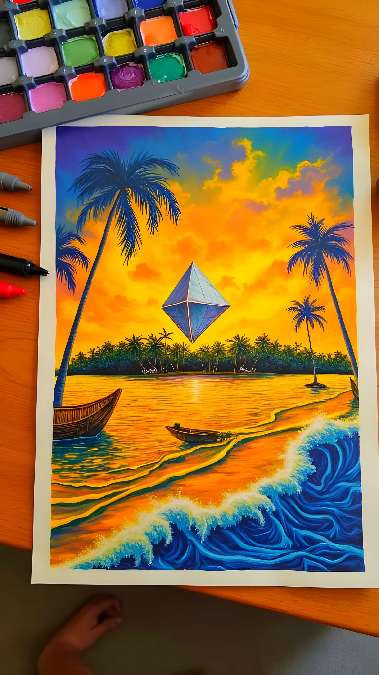 Crystal Pyramid Over Neon Beach: Fantasy Concept Art